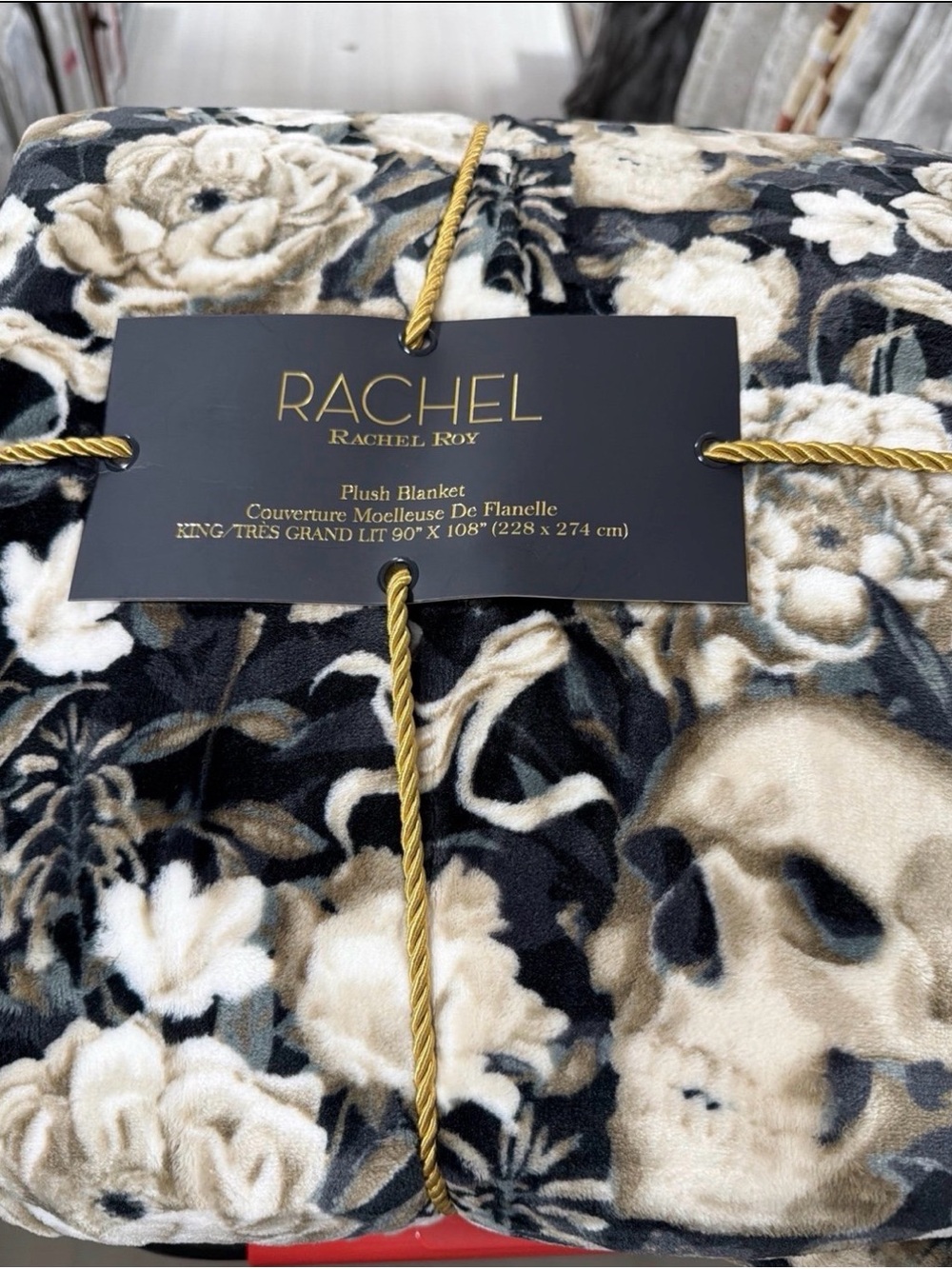 Rachel Roy Plush Floral Skull Viral Halloween Blanket- Black and Cream